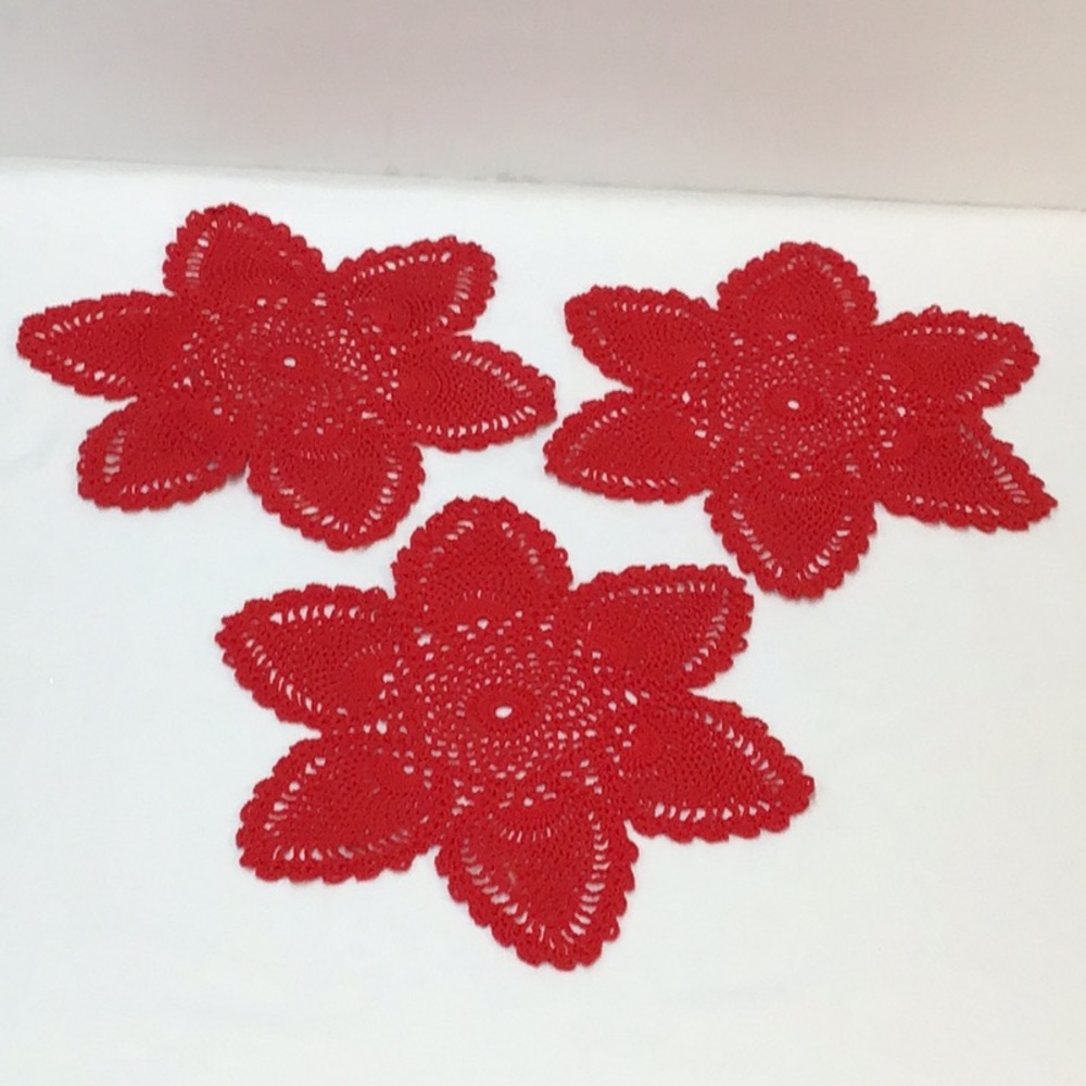 Three bright red crochet doilies EUC